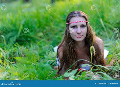 Young Beautiful Slavic Girl With Long Hair And Slavic Ethnic Attire