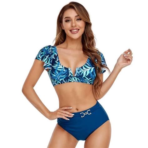 Femme Bikini Torsadé Taille Haute Ensemble Bikini Col V Élégant Maillots de Bain 2 Pièces