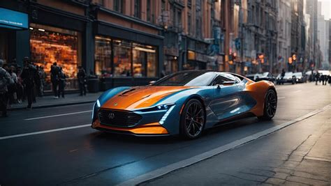 Premium Ai Image Futuristic Blue And Orange Sports Car On City Street