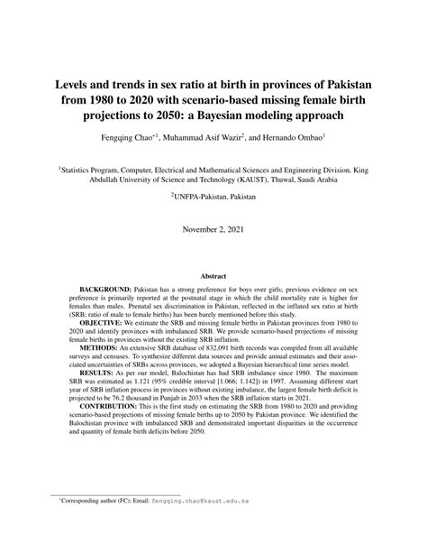 PDF Levels And Trends In Sex Ratio At Birth In Provinces Of Pakistan From 1980 To 2020 With