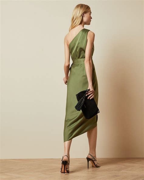 Ted Baker Satin Gabie Tie Waist One Shoulder Dress In Khaki Green