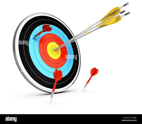 3D Illustration Of Three Arrows Hitting The Center Of A Target And