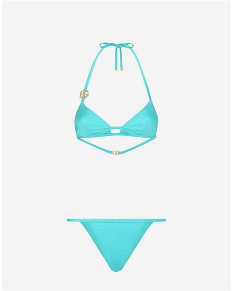 Dolce Gabbana Triangle Bikini With Dg Logo In Azure Blue Lyst