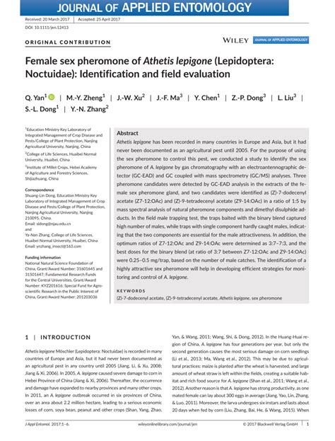Pdf Female Sex Pheromone Of Athetis Lepigone Lepidoptera Noctuidae Identification And