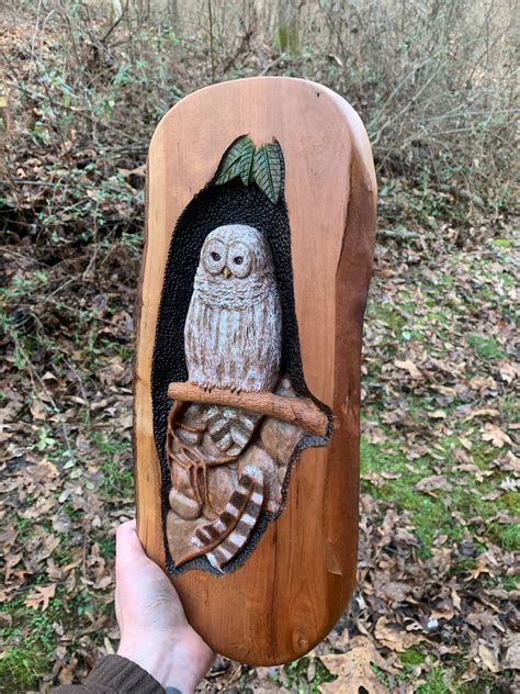 Owl Wood Carving Barred Owl Carving Wood Wall Art Handmade Etsy Uk