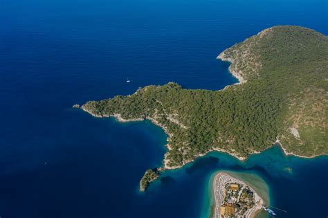 drone shot   island  blue sea  stock photo