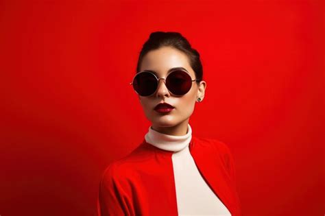 Premium Photo A Woman Wearing Sunglasses Against A Red Background