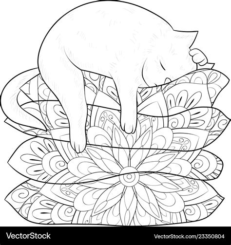 Adult Coloring Bookpage A Cute Sleeping Cat On Vector Image