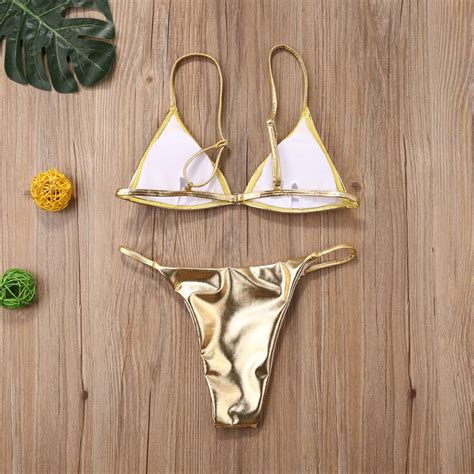 Precious Metals Silver Gold Cute Bikini Shiny Fashion Lale Look