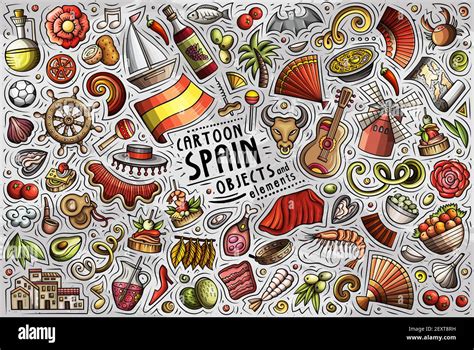 Colorful Vector Hand Drawn Doodle Cartoon Set Of Spain Theme Items