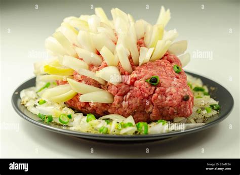 Traditional German dish called Mettigel, Mett served as a Mett hedgehog, raw food Stock Photo ...