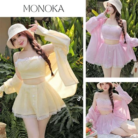 Set đồ nữ đi biển Áo ngực bra bikini Áo sơ mi khoác ngoài dài tay kẻ xanh Quần short sooc