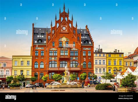 Chojnice, Poland - August 2, 2021: Panoramic view of old town quarter with historic Rynek Market ...