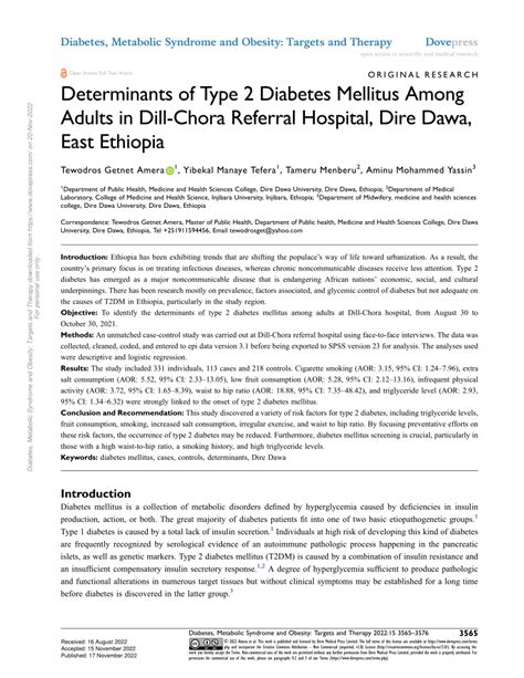 Pdf Determinants Of Type 2 Diabetes Mellitus Among Adults In Dill Chora Referral Hospital