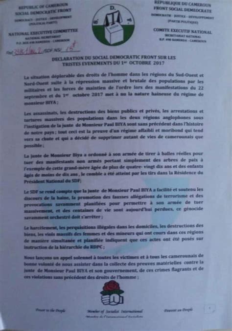 Cameroun Voici la déclaration du SDF relative aux manifestations