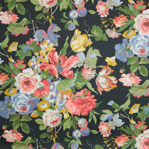 Licorice Black And Pink Floral Cotton Upholstery Fabric