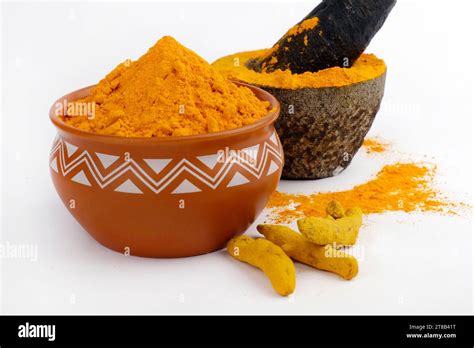 Dry Turmeric Powder Curcuma Longa Linn Stone Mortar Traditional