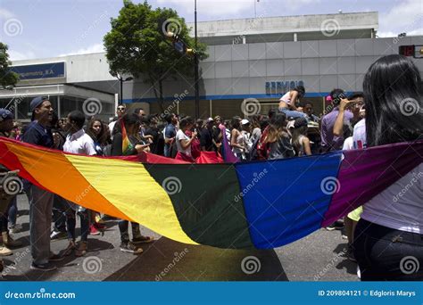 Gays Y Chicas Ondean La Bandera Arco Iris En El Desfile Del Orgullo Gay Foto Editorial Imagen