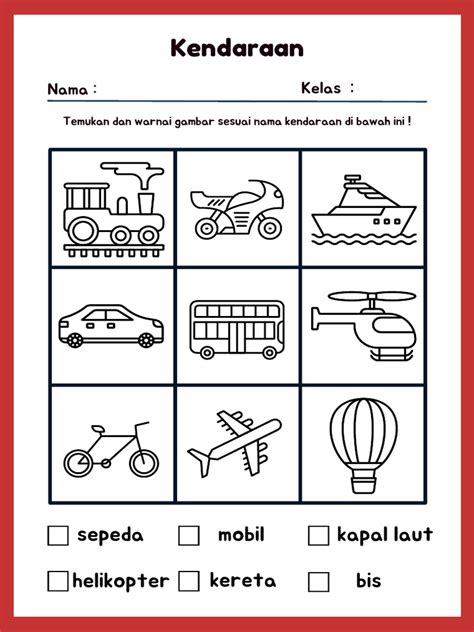 lembar kerja tema kendaraan  tk