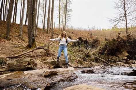 Active Blonde Female Hiker Wearing Sweater Stock Image Image Of Brook Walking 312403637