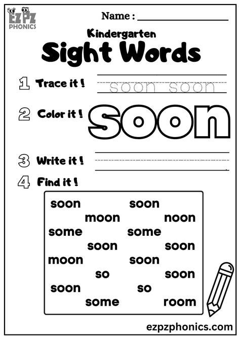"Soon" Dolch Sight Word Worksheet for Early Learners Easy PDF Download