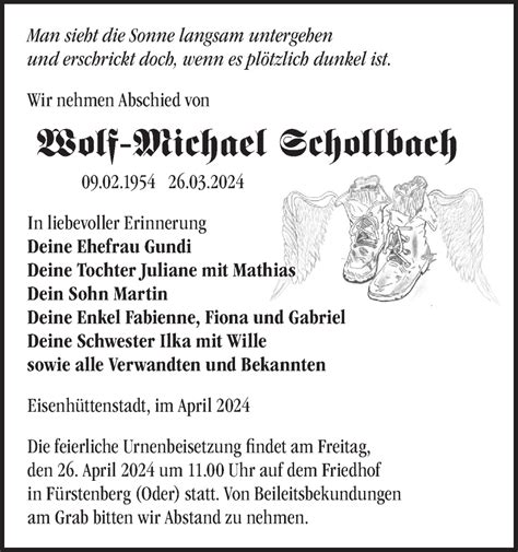 Traueranzeigen von Wolf Michael Schollbach Märkische Onlinezeitung