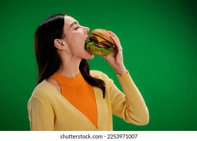Hungry Brunette Woman Eating Delicious Burger Stock Photo 2253971007 Shutterstock