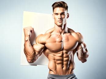 Naked Male Model Holding Blank Board On White Background With Shadow Image Design Id