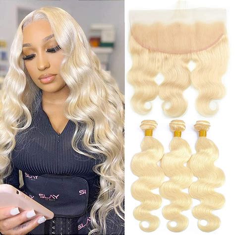 Amazon Blonde Human Hair Bundles With Frontal Brazilian Body Wave With Baby Hair