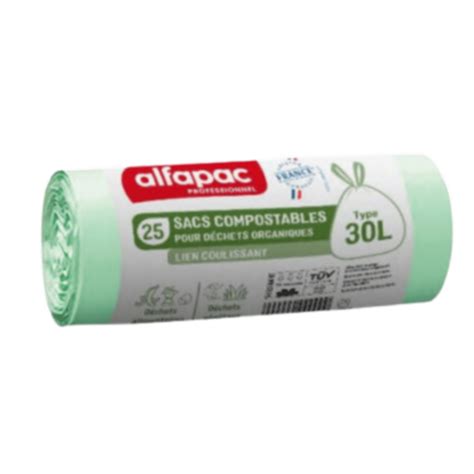 Sacs poubelle 30L vert 18µ lien coulissant Alfapac Paredes