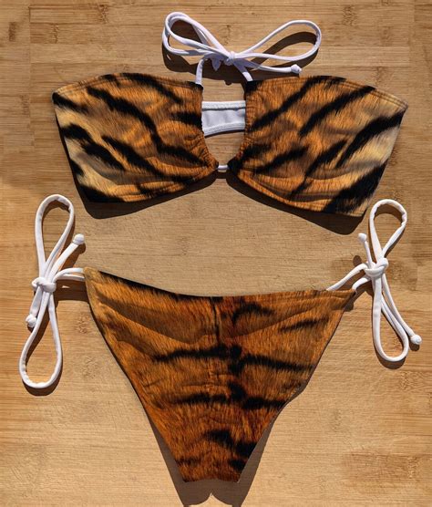 Swimwear Scrunch Butt Tie Side Bandeau Halter Tie Bikini Set Tiger Stripe Thong Brazil Full