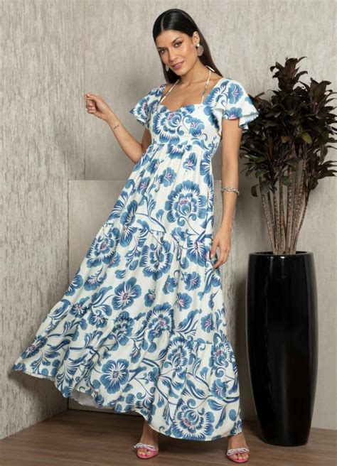 Vestido Longo Floral Azul Recortes Quintess