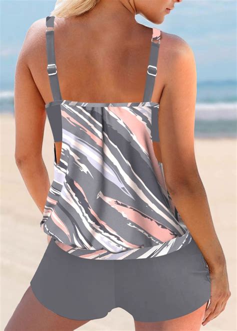 Fake 2in1 Geometric Print Multi Color Tankini Top Usd