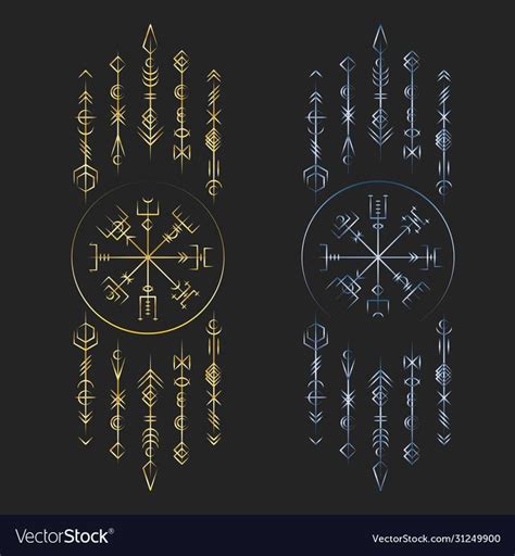 Golden and blue gradien colors old ancient magic runic symbols isolated on black background ...