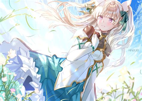 Blonde Hair Clouds Dress Elbow Gloves Flowers Gloves Long Hair Mullpull Original Purple Eyes Sky