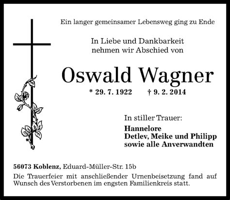 Traueranzeigen Von Oswald Wagner Rz Trauer De