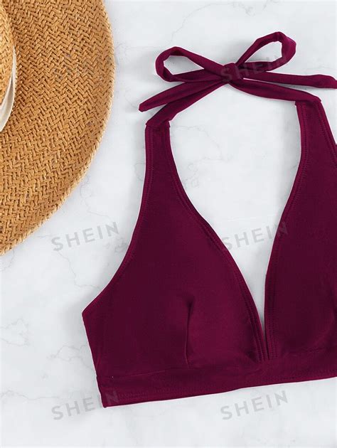 SHEIN Swim Basics Summer Beach Solid Bikini Set Halter Bra Bikini
