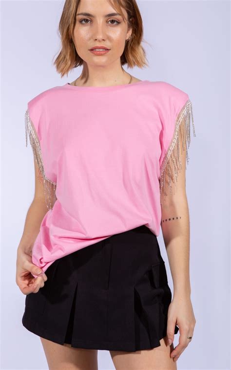 Remera Con Aplique Stras Rosa Tits