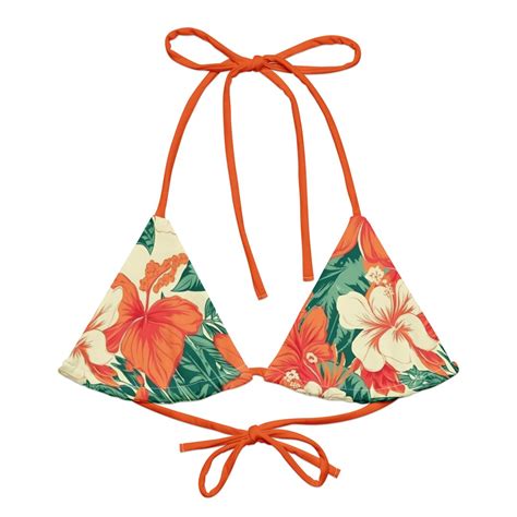 Tropical Floral Print String Bikini Top Orange Hibiscus Hawaiian Womens Swimwear Sun Protection