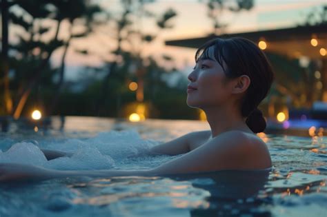 Premium Photo Tranquil Twilight Scene Asian Woman Relishing A Spa Hot Tub