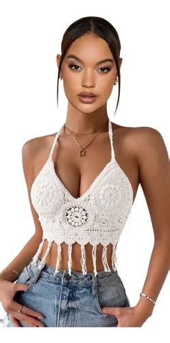 Top Bikini Tejido Flores Con Flecos En Crochet Escote Halter Mercadolibre