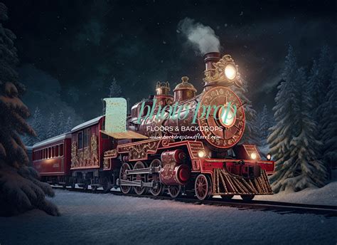 Red Christmas Express Train Photography Backdrop, Railroad Tracks, Rail Car, Winter, North Pole ...