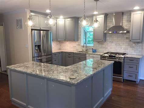 Divine Grey Cabinets White Counter Bainport Kitchen Island