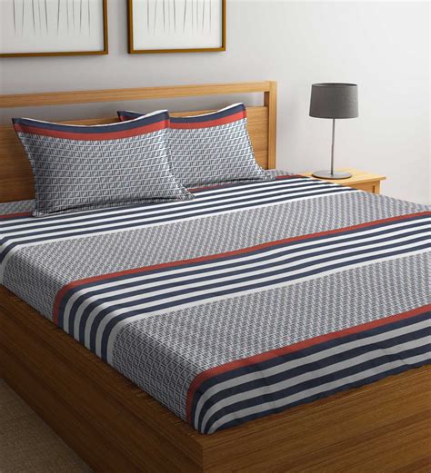 Buy Multicolor Striped 300 TC Cotton Blend King Sized Bed Sheets With 2