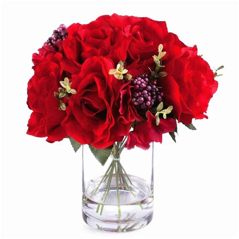 Enova Home Artificial Mixed Fake Roses And Hydrangea Silk Flowers Arrangement In Clear Glass