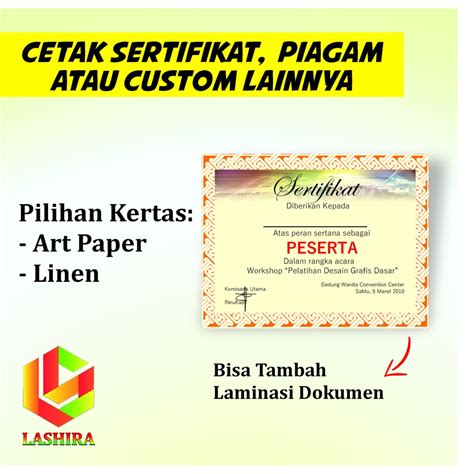 Jual Cetak Sertifikat Print Piagam Custom Kertas Artpaper Atau Linen A4