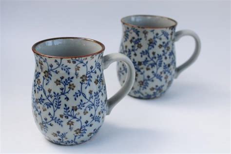 S Vintage Otagiri Japan Stoneware Coffee Mugs Blue Brown Floral