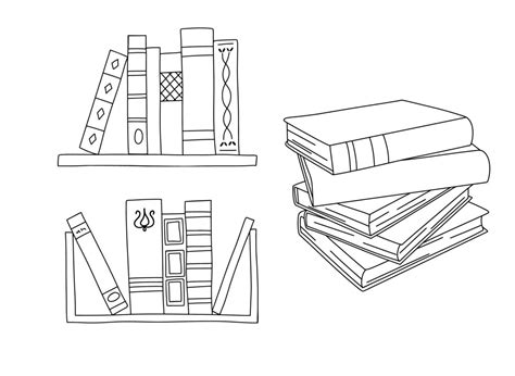 Vector Line Books On Bookshelf Outline Illustration Set Books Stack