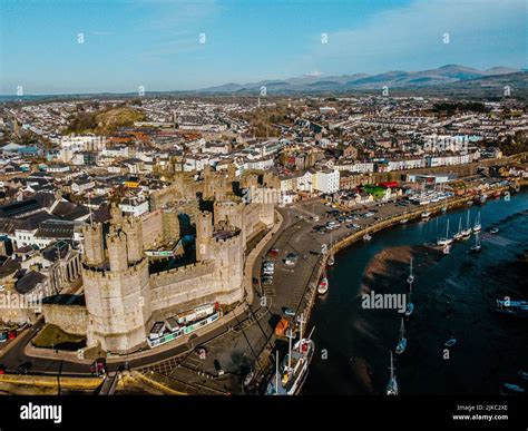 An Aerial View Of The Caernarfon Castle Stock Photo Alamy