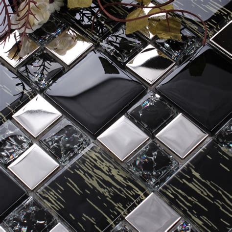 Silver Stainless Steel Black Crystal Glass Tile Backsplash Ideas Bathroom Crackle Mosaic